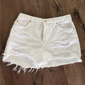 We The Free White Distressed Frayed Hem Denim Shorts